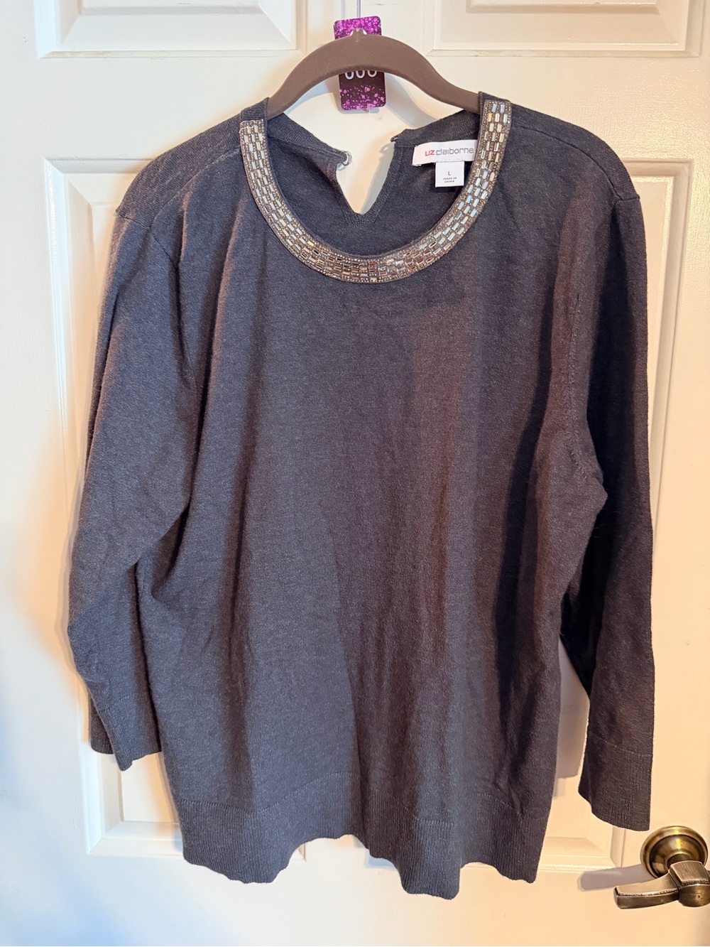 Liz Claiborne Charcoal Gray Beaded Crewneck Sweater
